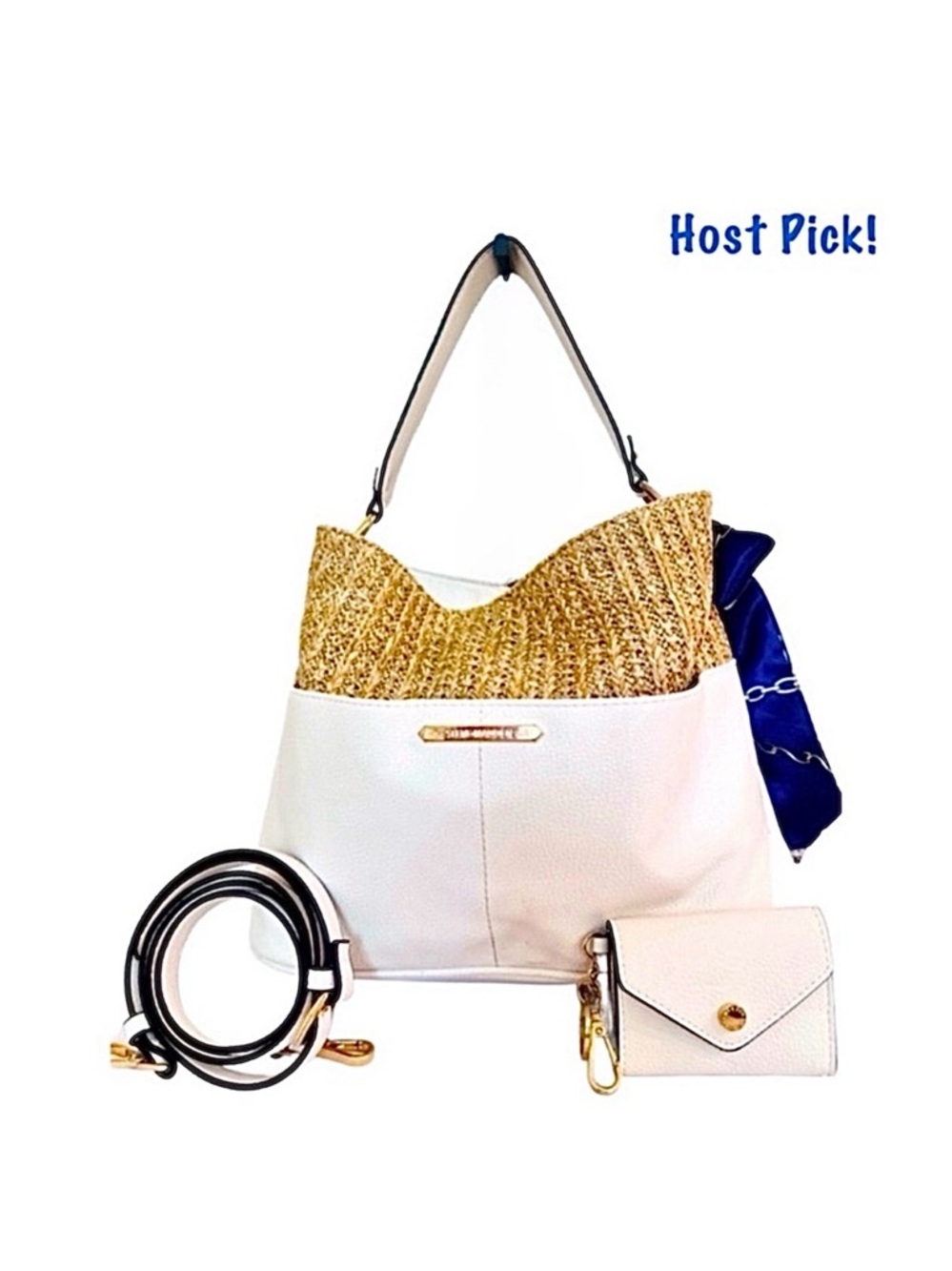 STEVE MADDEN ~ White Hand Bag w/Straw Details Card Holder Key Chain Crossbody